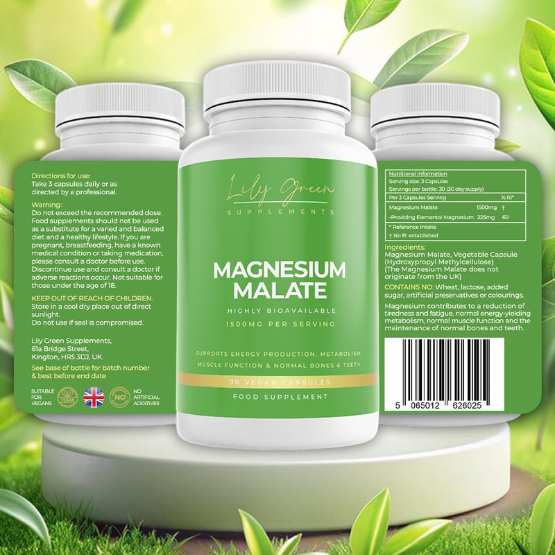 Lily Green Magnesium Malate Capsules | 1500mg per Serving for Energy, Muscle & Nerve Support | 90 Vegan Capsules | Made in UK