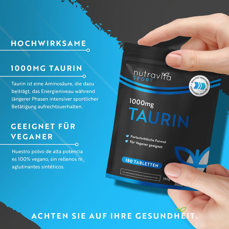 [Australia] - Taurine tablets 1000mg - 180 L Taurine tablets - for pre-workout, gym, sports and fitness - 3 month supply - Taurine capsule alternative - essential Taurine amino acids - Vegan - Nutravita 