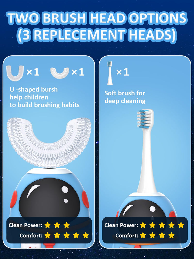 [Australia] - FTOYIN Kids Electric Toothbrush with 3 Brush Heads, U Shaped Ultrasonic Toothbrush Kids with 5 Modes, 45s Smart Reminder, 360-Degree Automatic Cleaning, IPX7 Waterproof Design for Ages 2-12 Blue 1 Count (Pack of 1) 