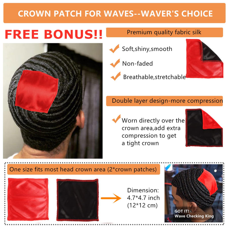 360 Wave Brush Set with Curved Medium Hard Brushes, Durag, Crown Patch - Hair Waves Starter Kit for Men Set B-Black,White,Red