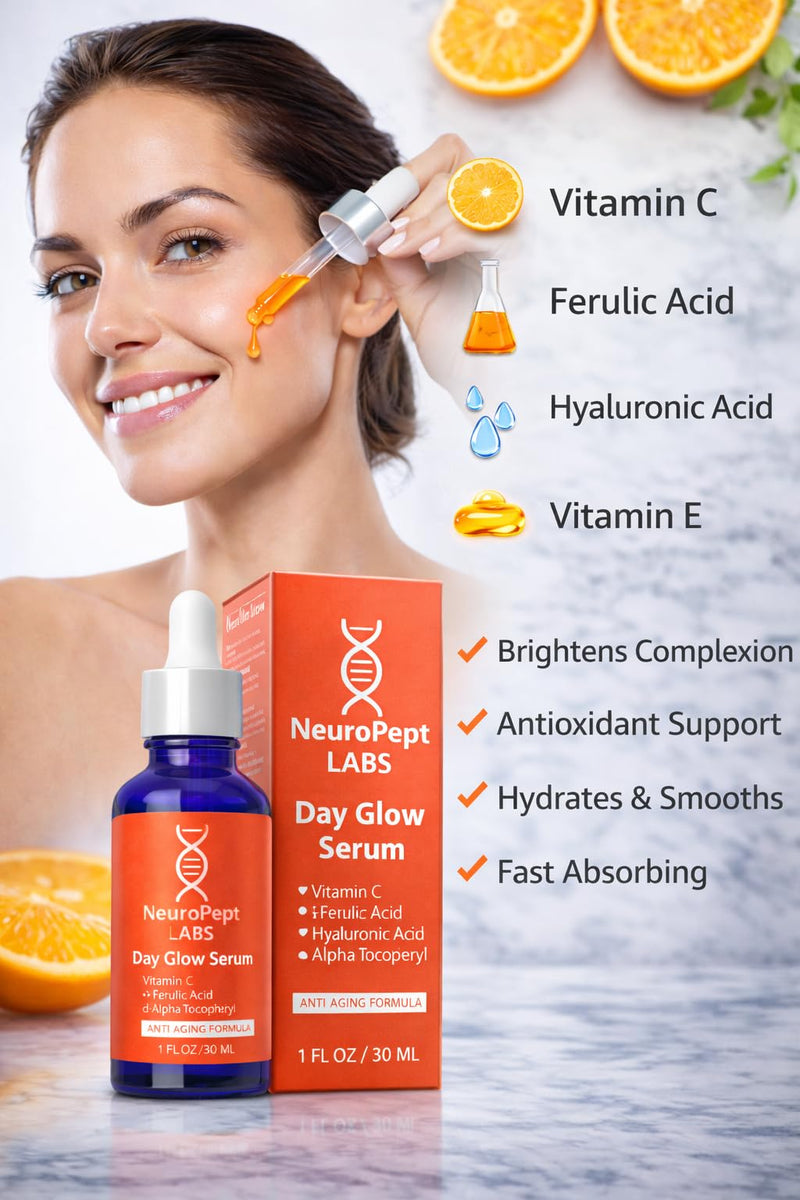 NeuroPept Labs Vitamin C Face Serum with Ferulic Acid & Hyaluronic Acid Brightening Anti-Aging Serum for Dark Spots & Fine Lines 1 oz