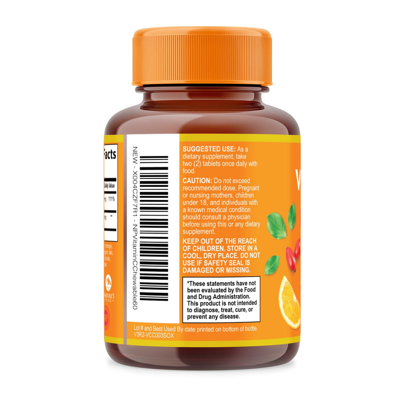Vitamin C 1000mg Per Serving - Extra Strength Daily Immune Support with Rose Hips Chewable Supplement - Sugar Free Tasty Orange Flavor - Antioxidant & Collagen Support - USA Bottled - 60 Tablets 60 Count (Pack of 1)