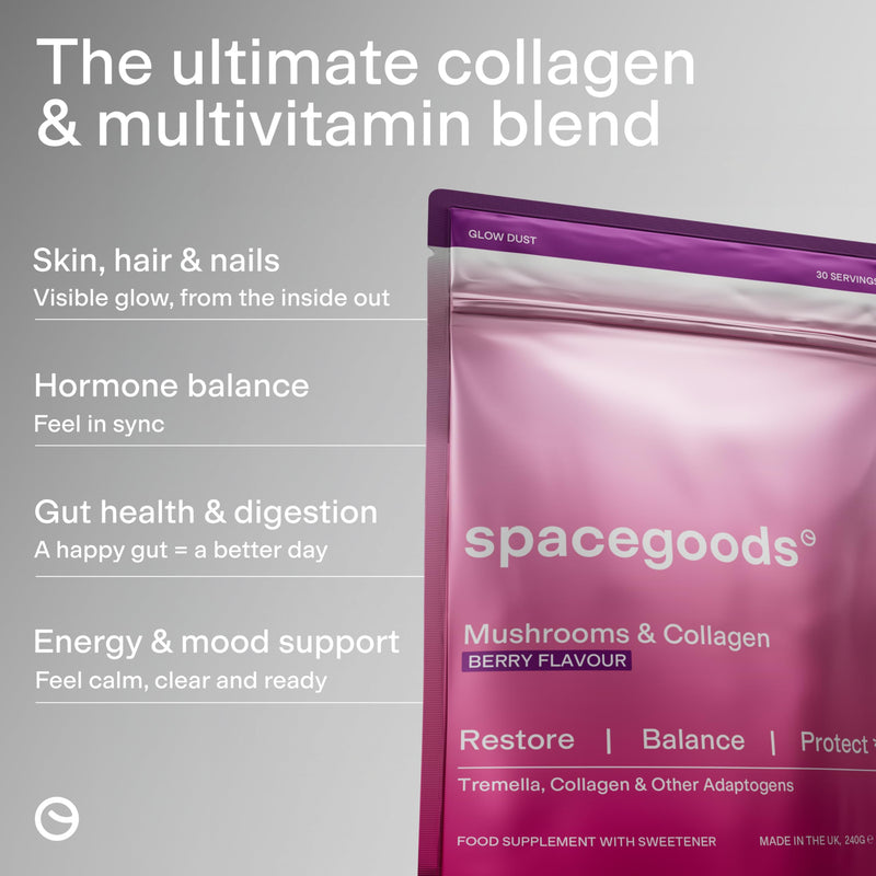 Spacegoods Glow Dust 240g | 30 Servings | Bovine Collagen Powder with B-Vitamin Complex | Magnesium, Calcium & Antioxidants | Gut-Health, Mood & Immunity Strength | Skin, Hair & Nails | Red Berry