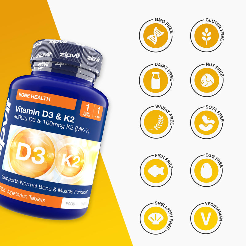 Zipvit Vitamin D3 4000 iu & Vitamin K2 MK7 100μg, 1 Year Supply, 365 Vegetarian Vitamin D3 K2 Tablets, High Strength Vitamin D Supplement, Supports Immune, Bone & Muscle Health D3 & K2