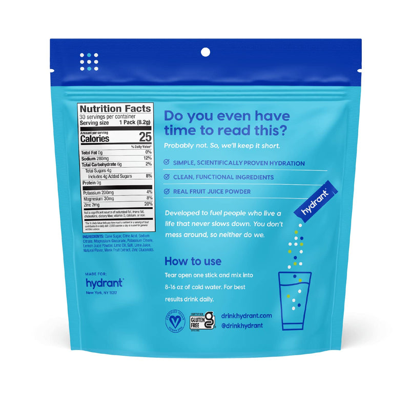 [Australia] - HYDRANT Hydrate, Individual Hydration Electrolyte Powder Stick Packets with No Artificial Sweeteners, Colors, or Fillers (Lemon Lime, 30 Pack) Lemon Lime 8.7 Ounce (Pack of 1) 