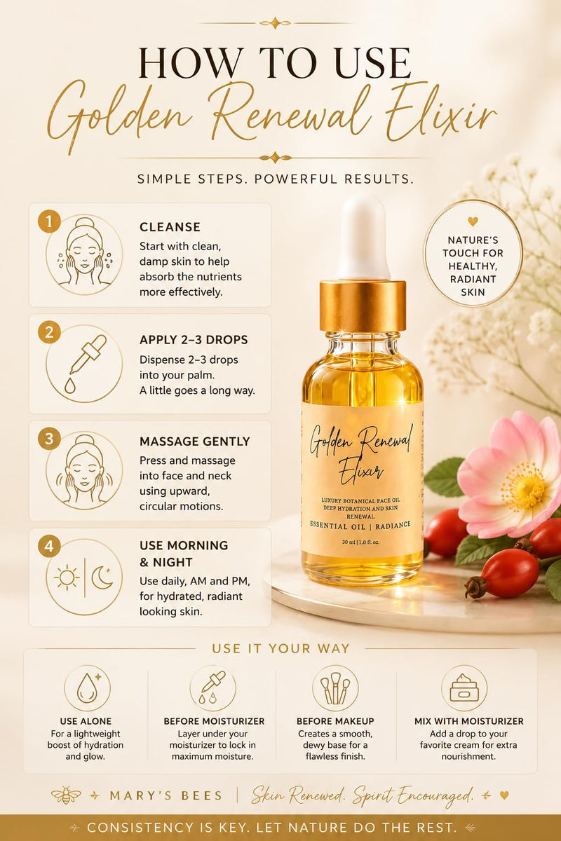 Bodji Golden Renewal Elixir Face Oil for Mature Skin, Hydrating Organic Face Oil, Rosehip Oil, Black Seed Oil, Evening Primrose Oil, Sweet Almond Oil & Vitamin E, Lightweight Serum for Dry, Aging Skin