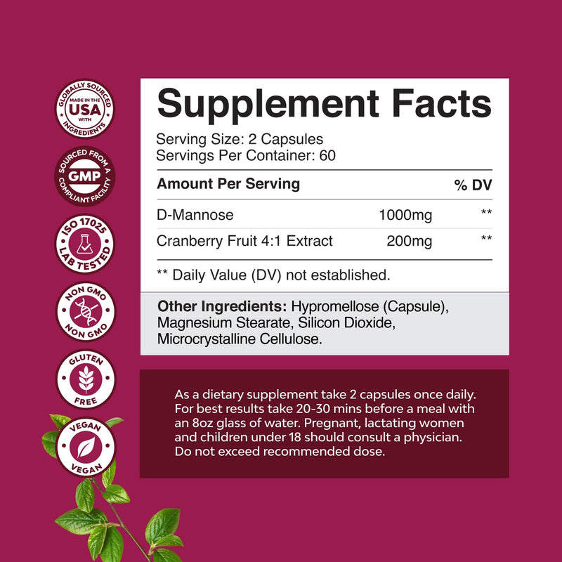 [Australia] - D Mannose with Cranberry Supplement - Potent D Mannose 1000mg Capsules for Kidney Defense Support & Cleanse and Urinary Tract Health for Women & Men - Bladder Health Supplement for Adults - 120 Count 120 Count (Pack of 1) 