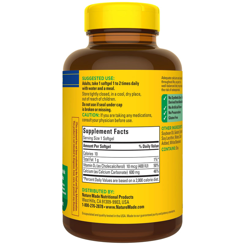 [Australia] - Nature Made Calcium 600 mg with Vitamin D3, Dietary Supplement for Bone Support, 100 Softgels 