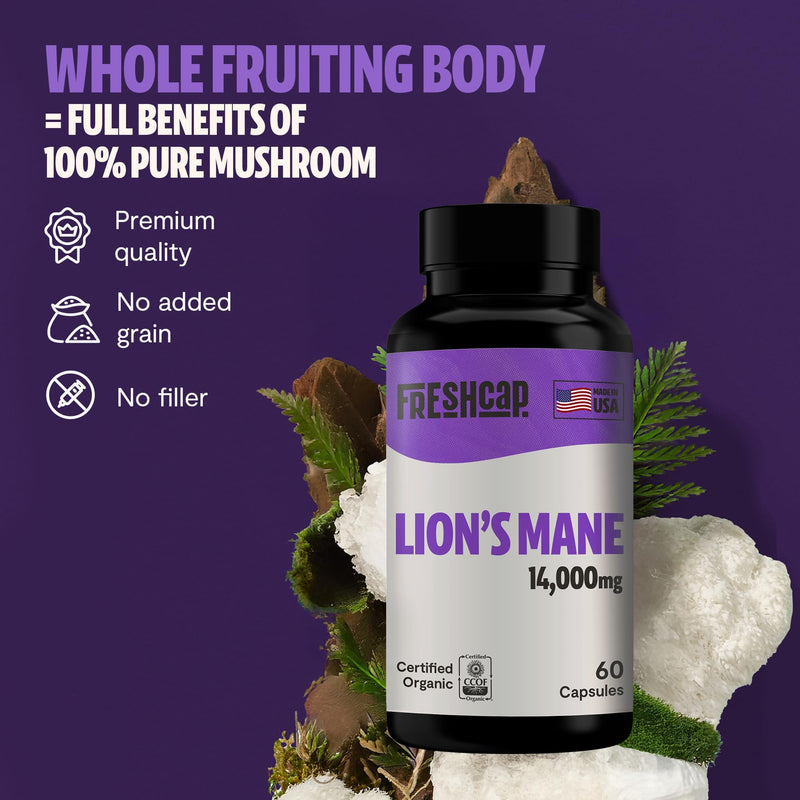 FreshCap Mushrooms Premium Organic Lions Mane Capsules - 14:1 Fruiting Body Extract with 31% Beta-Glucans - 3rd-Party Tested Nootropic for Clarity, Focus & Cognitive Support (180 Capsules) 180 Count Lion's Mane