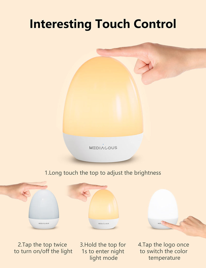 [Australia] - MediAcous Night Lights for Kids Room, Baby Night Light with Stable Charging Pad, Dimmable Kids Night Light with 1H Timer & Touch Control, ABS+PC LED Egg Lamps for Breastfeeding, Up to 200H 