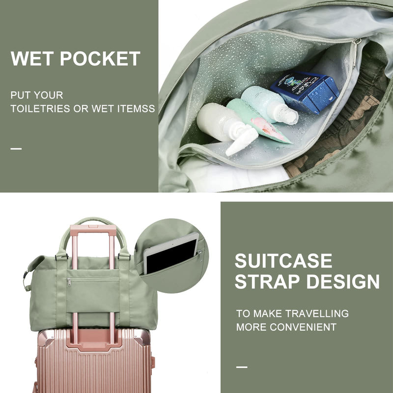 Womens travel bags, weekender carry on for women, sports Gym Bag, workout duffel bag, overnight shoulder Bag fit 15.6 inch Laptop Large Light Green