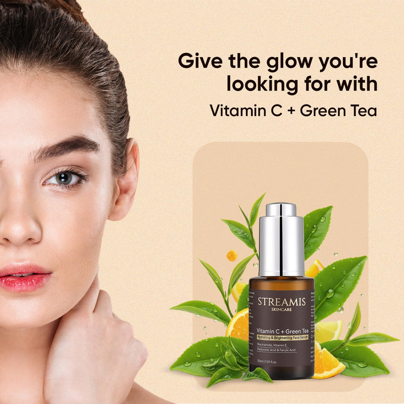 Streamis Skincare: Vitamin C + Green Tea Hydrating & Brightening Face Serum - With Niacinamide, Vitamin E, Hyaluronic Acid, Ferulic Acid & Powerful Botanical Extract Blend, Fragrance Free, 30ml.