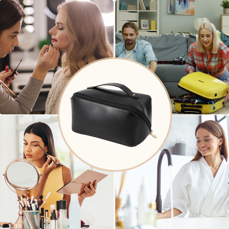 Large Capacity Travel Cosmetic Bag Make Up Bag with Handle and Zipper Multifunction Waterproof Toiletry Bag PU Travel Organiser Bag Wash Bag for Women Ladies Girls Black L