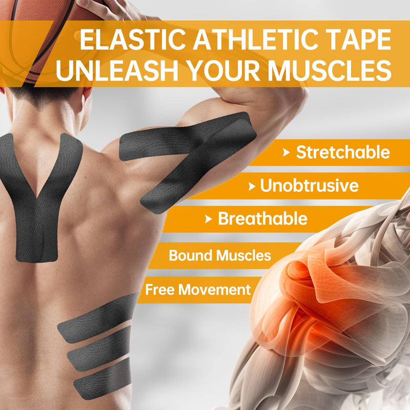 [Australia] - Dimora Kinesiology Tape, 80 Count Precut Strips 4 Rolls, Original Cotton, 10” Elastic Athletic Tape for Muscle Pain Relief and Joint Support, Black 