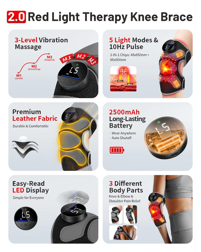 [Australia] - Upgraded PRO Red Light Therapy Knee Brace & 4 Vibration Massage - Wireless Rechargeable Controller, 660nm&850nm Red Light Therapy Heated Device for Knee/Elbow/Shoulder Pain Upgraded Knee 