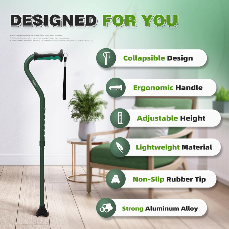 [Australia] - BigAlex Lightweight Walking Cane, Soft Offset Handle for Seniors, Adjustable Collapsible Portable Stick for Women & Men, Mobility Aid for Elderly Adults, Folding Cane Provides Stability & Balance Green 