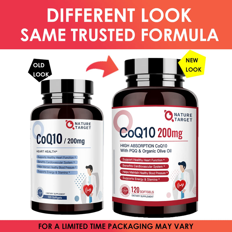 [Australia] - NATURE TARGET CoQ10-200mg-Softgels + PQQ with Organic-Olive-Oil - High Absorption-Coenzyme-Q10 - Antioxidant-for-Heart-Health and Immune Support, Energy Production, 120 Servings 120 Count (Pack of 1) 