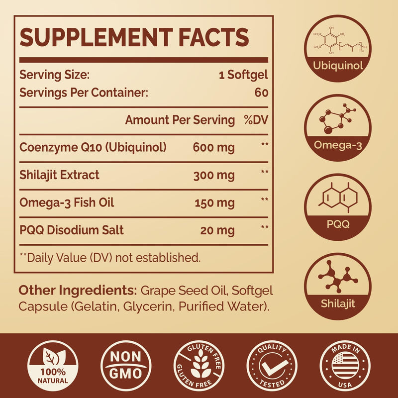 [Australia] - Ubiquinol CoQ10 600 MG Softgels with Omega-3 & Shilajit & PQQ, Advanced Dual-Delivery Coenzyme-Q10, Active CoQ10 Ubiquinol Supplement for Antioxidant, Heart, Brain & Cellular Energy, 60 Servings 60 Count (Pack of 1) 
