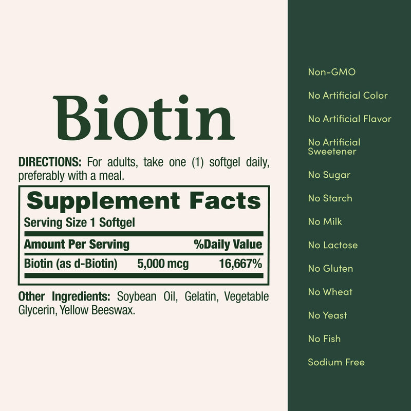 Nature's Bounty Biotin, 5000mcg, 72 Softgels | Supports Metabolism for Cellular Energy and Healthy Hair, Skin, and Nails 72 Count (Pack of 1)