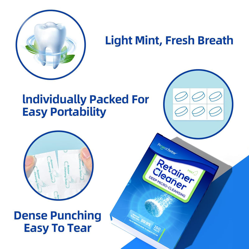 [Australia] - Retainer Cleaner Tablets for Dental Appliances and Night & Mouth Guard, Denture Cleaning Tablets Solution to Offer Confident Smile.(150 Tablets,Mint Flavor) 150 Count (Pack of 1) 