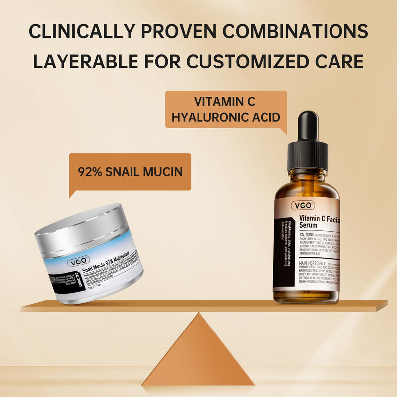 [Australia] - VGO Skin Care Set, with Snail Mucin 92% Moisturizer 1.76 Oz & Vitamin C Face Serum 1.01 Oz, Daily Hydrating & Firming Skincare Routine Kit for All Skin Type 2.77 Ounce 