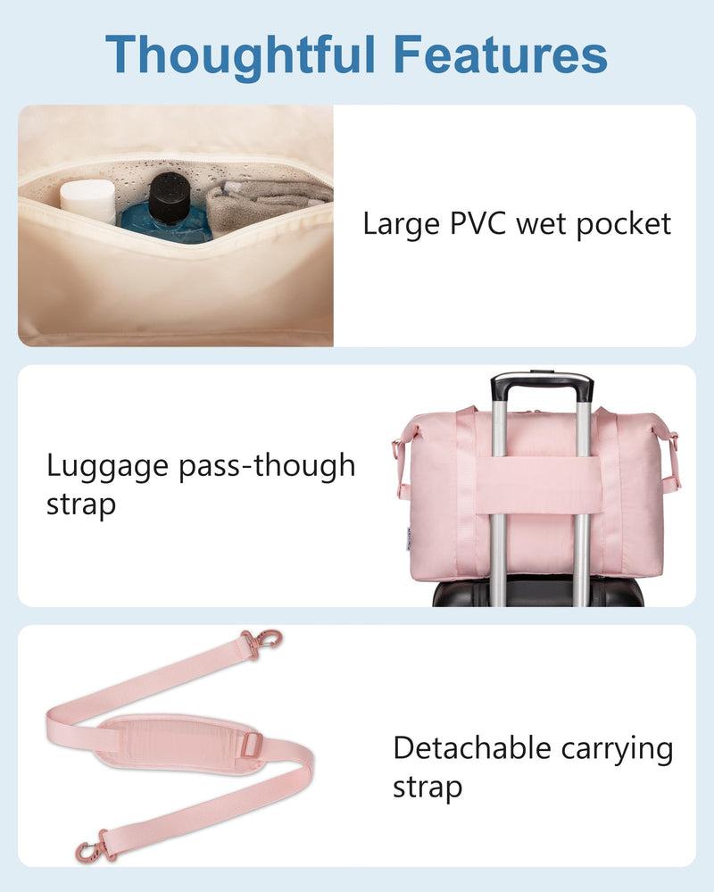 JUNGYOON Gym Bag for Women – Lightweight Weekender Overnight Bags with Toiletry Pouch, Quilted Travel Duffle Carry On Bag Pink
