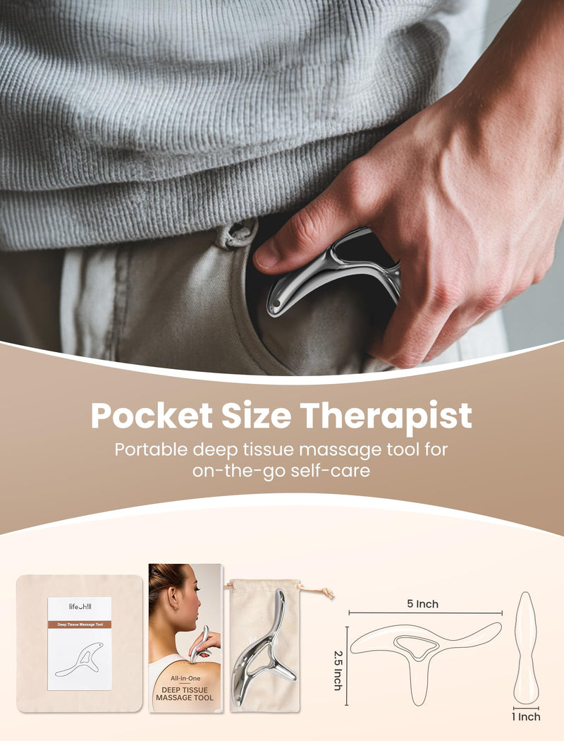 [Australia] - lifechill Trigger Point Massage Tool for Deep Tissue Massage & Gua Sha, Muscle Scraper Tool for Full Body Pain Relief, Thumb Saver Acupressure Tool, FSA HSA Eligible Silver 