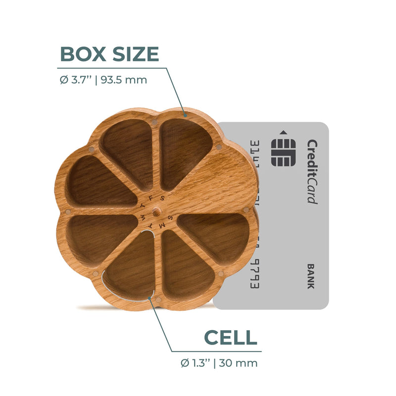 Makety Cute Pill Organizer, 7 Day Vitamin Holder with Magnetic Lid, Floral Design, Solid Oak Wood M
