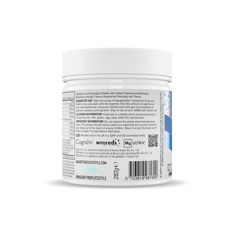 Naughty Boy HydraMind Hydration + Nootropic. 2400mg of Electrolytes, Added Cognizin, Tiger Milk Mushroom, Uridine & Super Reds - 282g (30 Servings) (30 Servings, Strawberry Mango) 30 Servings (Pack of 1)