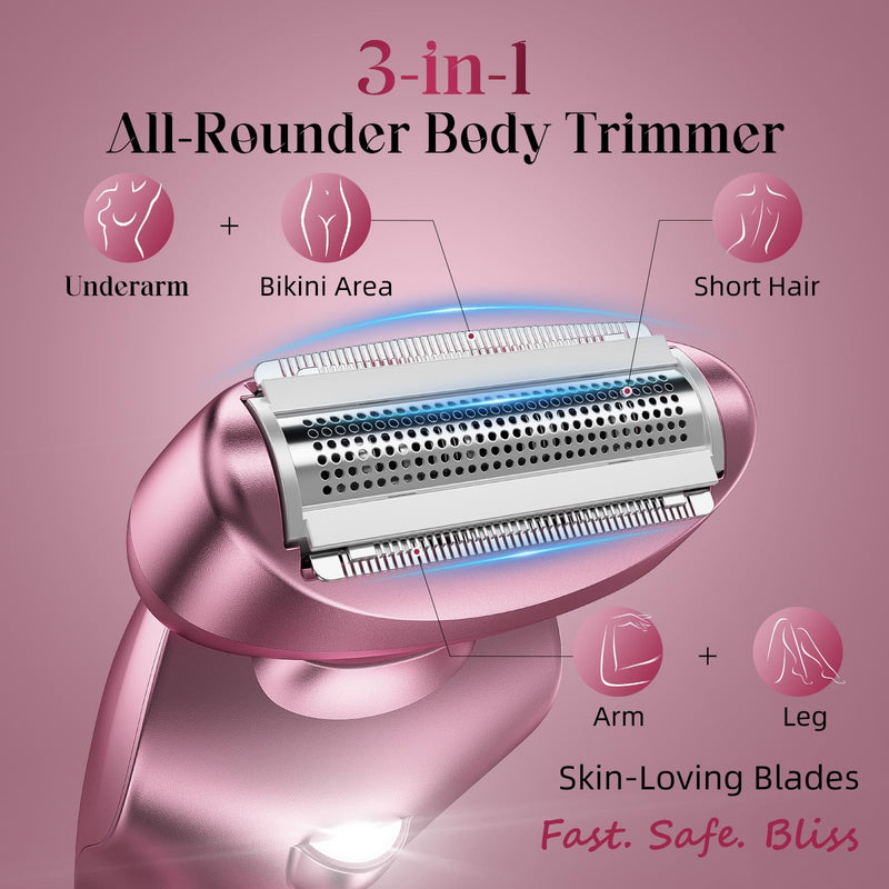 [Australia] - Electric Bikini Trimmer for Women: Rechargeable Painless Shaver for Body Hair - IPX7 Waterproof Cordless Razor with LED Display for Face/Leg Light Pink 