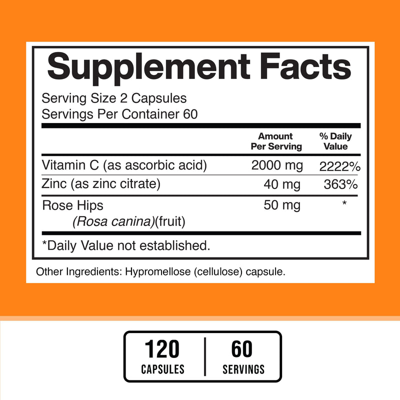 American Standard Supplements Vitamin C 2000mg, Zinc 40mg, and Rose HIPS 50mg Per Serving – Vegan, Gluten Free, Non-GMO (120 Count) (Pack of 2) 120 Count (Pack of 2)