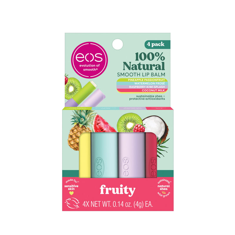 eos 100% Natural Lip Balms- Coconut Milk, Pineapple Passionfruit, Watermelon Frosé & Raspberry Kiwi Splash, All-Day Moisture Lip Care, 0.14 oz, 4-Pack Coconut Milk, Pineapple Passionfruit, Watermelon Frosé, Raspberry Kiwi Splash