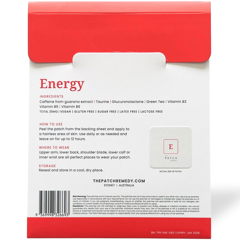 The Patch Remedy Energy Patches | 30 Topical Patches | Caffeine from Guarana, Taurine, Vitamin B6, Vitamin B3, Vitamin B5, Green Tea | 12-24 Hours