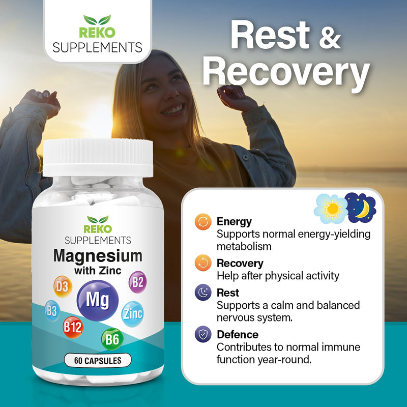 Magnesium with Zinc - Sleep & Muscle Recovery, 60 Capsules | High Strength - Reduces Tiredness & Supports Immunity - Vitamins B12, B6, B3, B2 & D3 Non-GMO