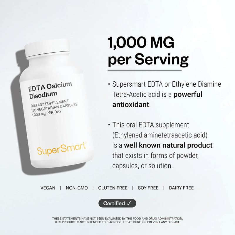 Supersmart - EDTA 1000mg per Day - Calcium Disodium EDTA Supplement | Non-GMO & Gluten Free - 180 Vegetarian Capsules