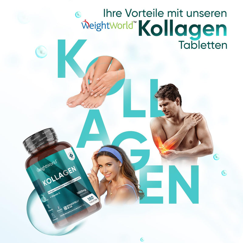 [Australia] - Collagen Tablets - 1800mg Hydrolyzed Collagen Peptides Type 1 & 3 with Vitamin C - 180 Marine Collagen Tablets - 2 Month Supply - For Cell Protection, Bones, Skin & Active Life - From WeightWorld 