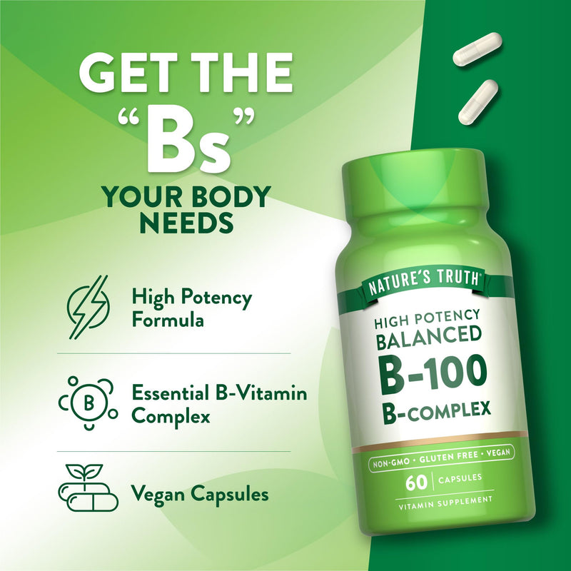 Nature's Truth Vitamin B Complex for Women and Men | 60 Capsules | High Potency B-100 | Vegan, Non-GMO & Gluten Free Supplement 60 Count (Pack of 1)