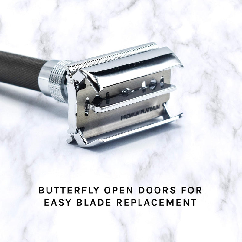 Parker, 96R Graphite Gray Long Handle Butterfly Open Double Edge Safety Razor for Men, 5 Parker Premium Platinum Double Edge Razor Blades Included