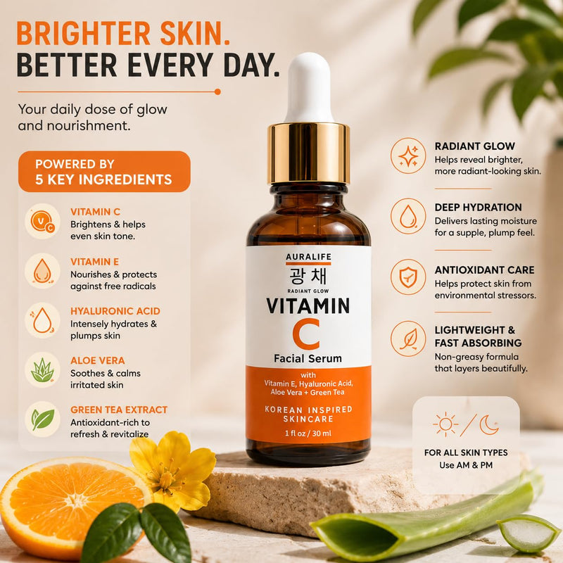 AuraLife Vitamin C Face Serum with Hyaluronic Acid, Vitamin E & Aloe Vera – Brightening & Hydrating Facial Serum for Dark Spots, Fine Lines, Wrinkles & Uneven Skin Tone – 1 Fl Oz (Facial Serum)