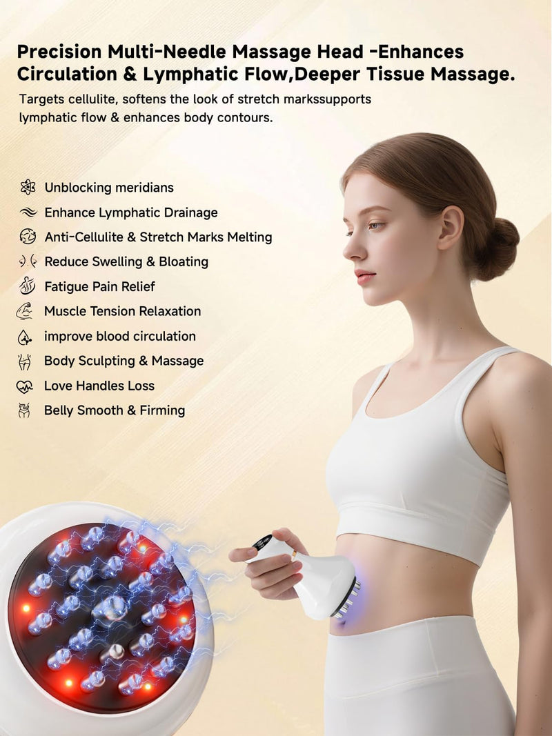 GDQ Lymphatic Drainage Massager, 9-Level Cellulite Massage Tool 21 Massage Nodes, Red Light, Heat & Vibration, Advanced Level Control, for Belly, Arms, Thighs & Full-Body Care