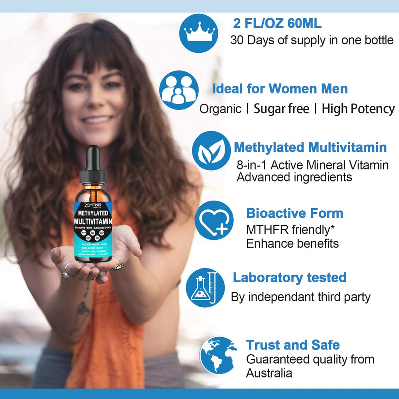 Methylated Multivitamin for Men Women & Kid, Advanced 8-in-1 Methylated B Complex w. VIT C D B12 Folate & TMG for MTHFR Energy Brain, Daily Methylated Vitamin Liquid Drop 6X Stronger Than Pill Capsule