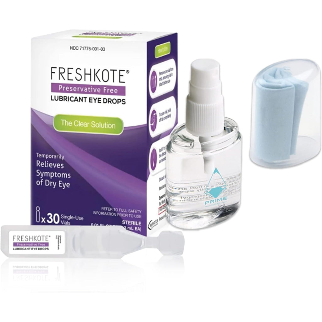 FRESHKOTE Eye Drops for Dry Eyes (30 Single-Use Vials), Freshkote Preservative Free Lubricant Eye Drops for Contacts, Bundled with Ammonia-Free Eye Glass Cleaner Spray and Microfiber Cloth