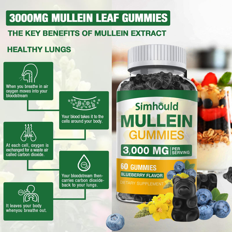 [Australia] - 2 Pack Sugar Free 3000MG Mullein Gummies - Lung Cleanse, Mullein Leaf Extract Supplement for Respiratory, Organic Mullein Drops with Quercetin & Bromelain for Lung, Digestive Health & Immune 60 Count (Pack of 2) 