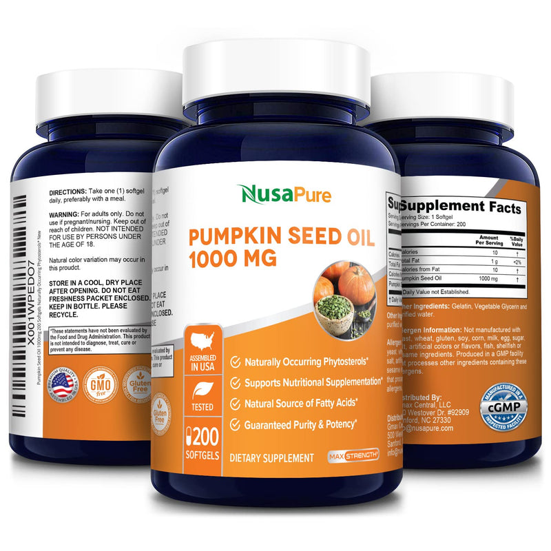 [Australia] - NusaPure Pumpkin Seed Oil 1000mg 200 Softgel Capsules (Non-GMO, Gluten Free) Naturally Occurring Phytosterols 