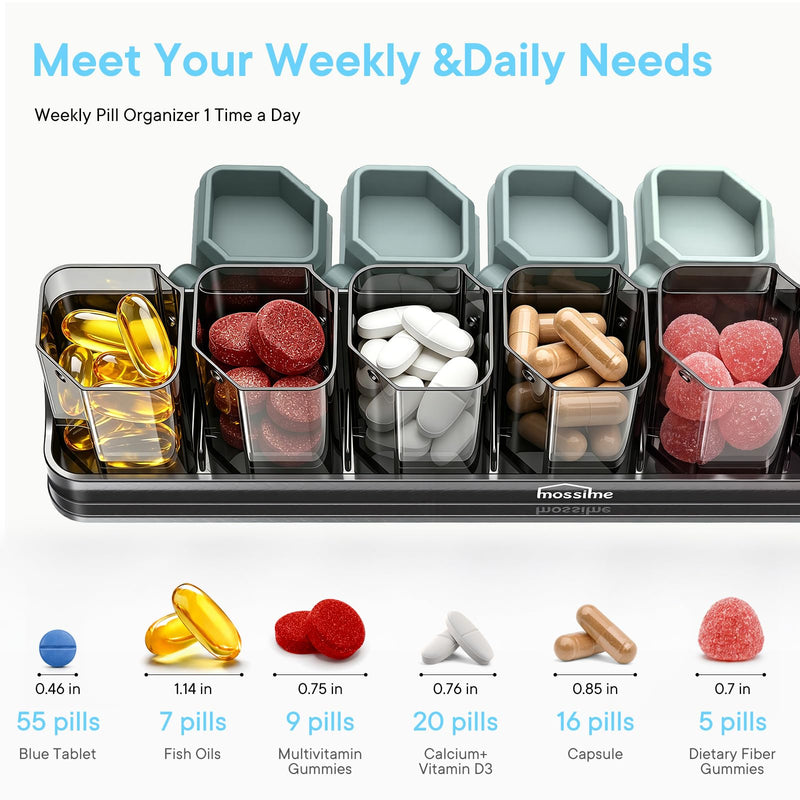 Mossime Large Weekly Pill Organizer 1 Time a Day, 7 Day Pill Box, GraI | BPA-Free, Spill-Resistant, Detachable 1-a-Day Boxes, for Vitamins & Medication, Travel-Friendly, Velvet Pouch