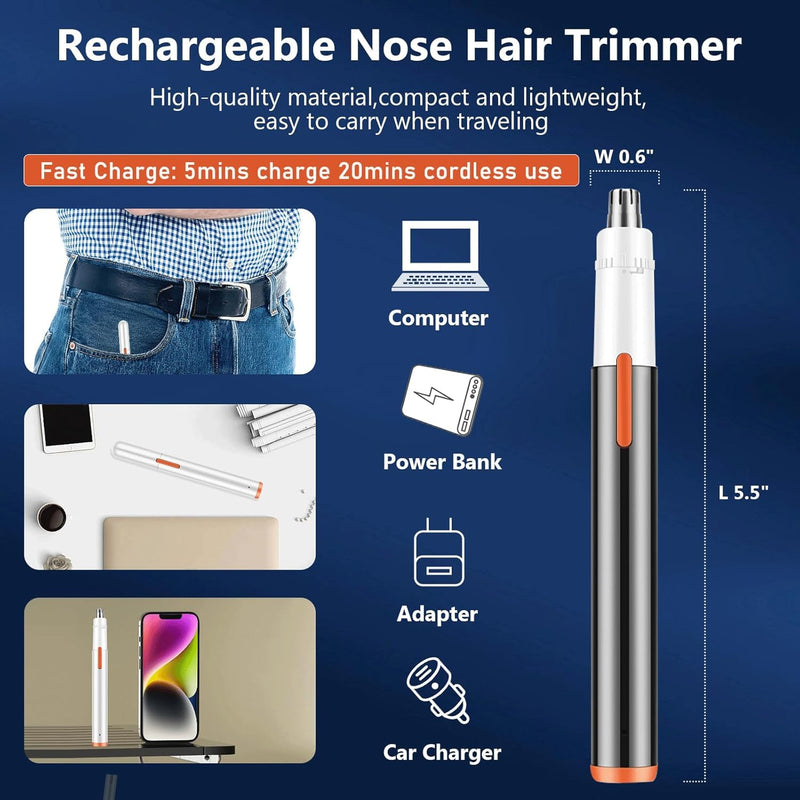 Nose Hair Trimmer for Men Women, Painless USB Rechargeable Nose Trimmer for Men, Eyebrow & Facial Hair Trimmer Dual Edge Blades for Smoother Cutting with IPX7 Waterproof 7.13"*3.46"*1.06" Black