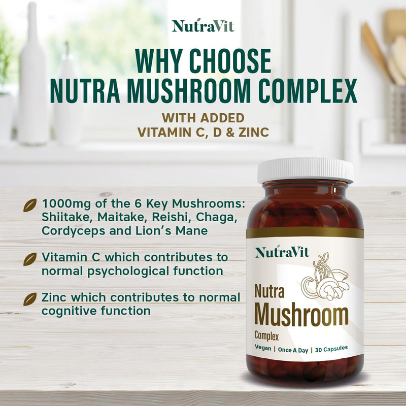 NutraMushroom - Comprehensive Mushroom Complex, with 6000mg of Shiitake, Maitake, Reishi, Chaga, Cordyceps and Lion’s Mane - with Added Vitamin C, D & Zinc - NutraVit, 30 Capsules