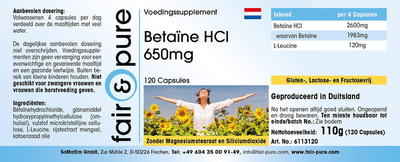 [Australia] - Fair & Pure® - Betaine capsules 650mg - 120 capsules - Betaine HCI/Betaine hydrochloride - vegan - without magnesium stearate 