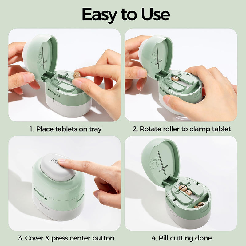 Adjustable Pill Cutter Splitter for Small and Tiny Pills, 1/2 1/4 Pill Splitter for Small Pills Vitamins Tablets, Accurate Alignment & Easy Cutting, Hidden Sharp Blade, Bottom Storage (Green) Green