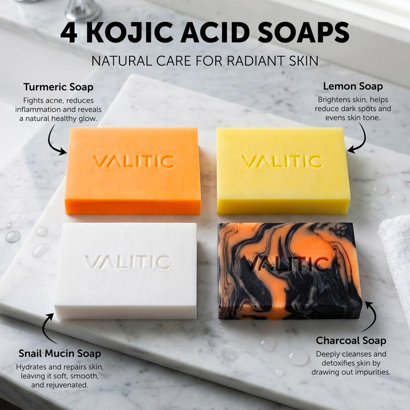 VALITIC Kojic Acid Soap Bars - Turmeric, Snail Mucin, Charcoal and Lemon - Holiday Skin Care Beauty Set Gift 4 Assorted Dark Spot Remover Soaps with Hyaluronic Acid, Vitamin C, Vitamin E, Shea Butter Variety Pack